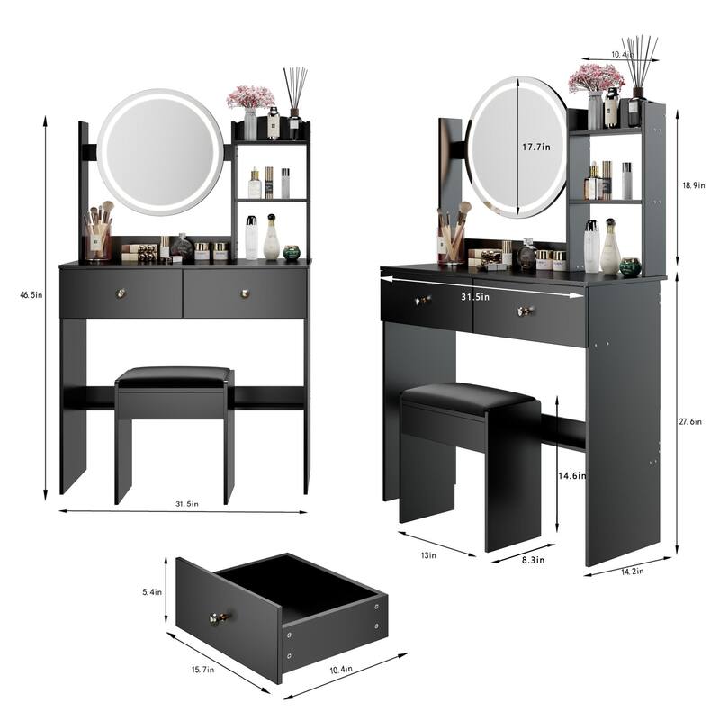 17" Round LED Mirror Vanity Table and Soft Cushion Stool Set