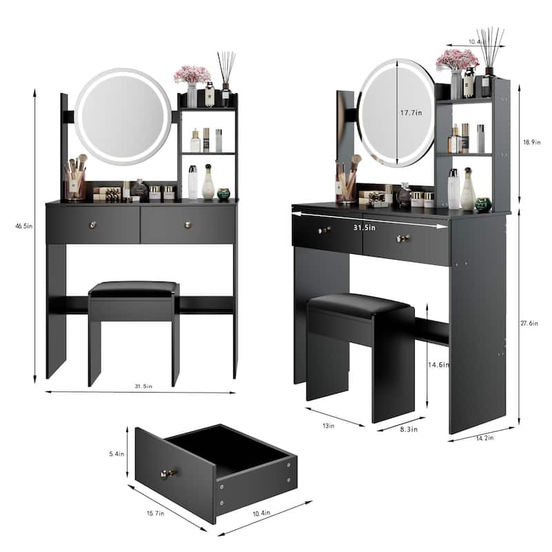 Round LED Mirror Vanity Table, Dressing Set with Cushioned Stool, Makeup Cabinet with Touch Mirror & Multi-layer Storage