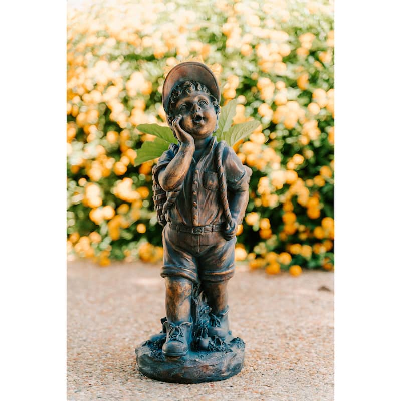 XBrand 24" H Faux Bronze Magnesium Oxide Walking Boy Garden Statue w/Small Flower Plant Pot, Natural Design Sculpture