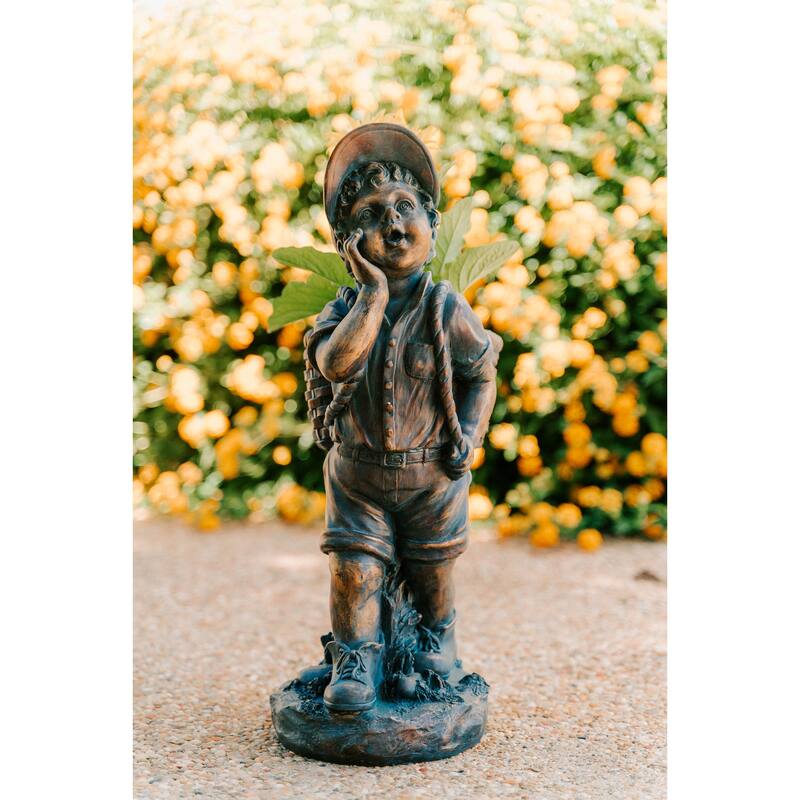 Xbrand 24" H Faux Bronze Magnesium Oxide Walking Garden Statue w/Small Flower Plant Pot, Natural Design Sculpture