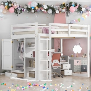 Wood Full Size Loft Bed with Built-in Wardrobe, Desk, Storage Shelves and Drawers