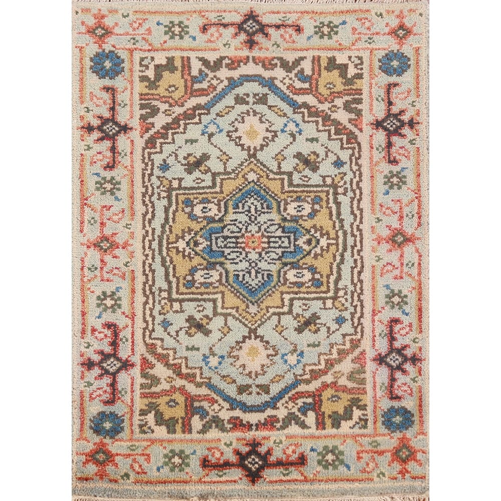 Hand Knotted Oriental 100% Wool Carpet Traditional Medallion Navy Blue & Blues Heriz (serapi) Area Rug - 3' 0'' X 2' 0''
