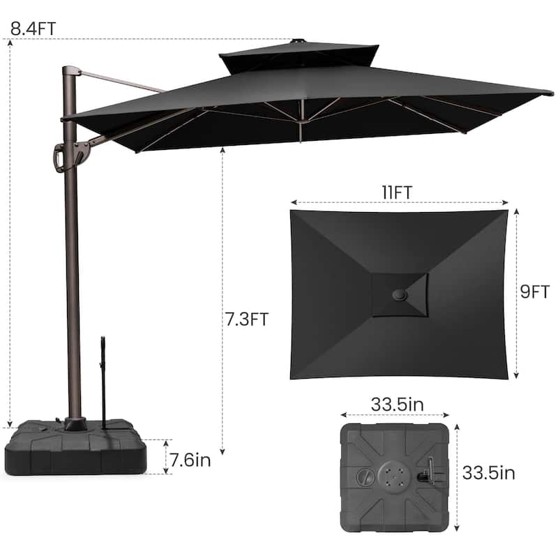 9 ft x 11 ft Outdoor Patio Dual Top Cantilever Offset Umbrella with Rod Base