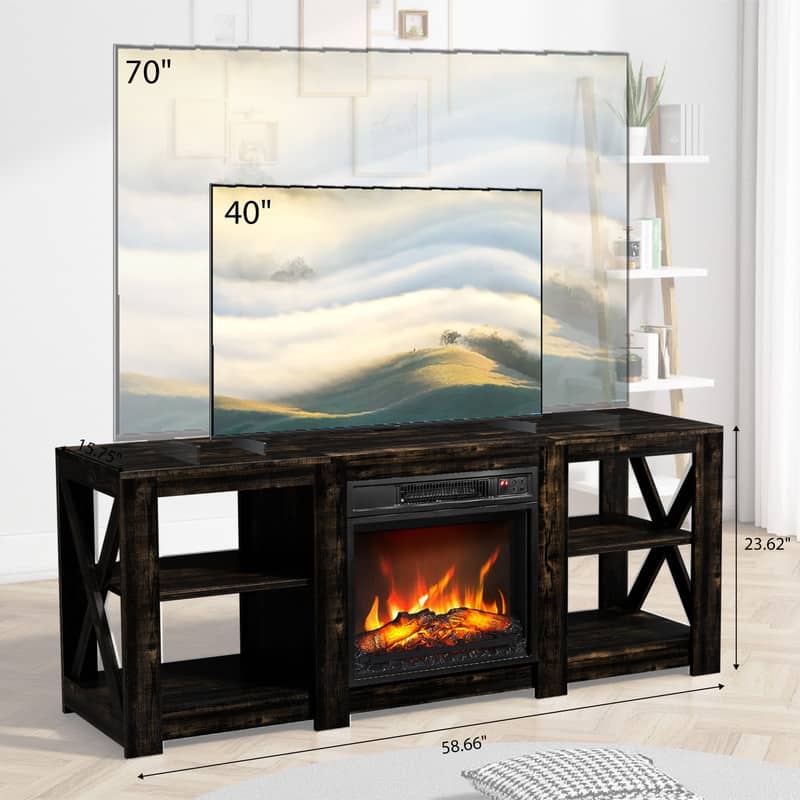 TV Stand with Optional Fireplace for TVs up to 70in Farmhouse Entertainment Center with Adjustable Shelves