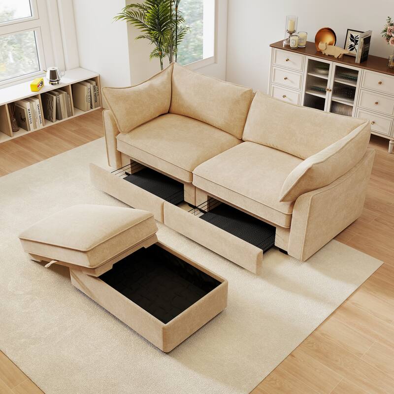 Rossetta 2-Seater Chenille Sofa with Storage Drawers, Wraparound Cushions and 1 Matching Ottoman