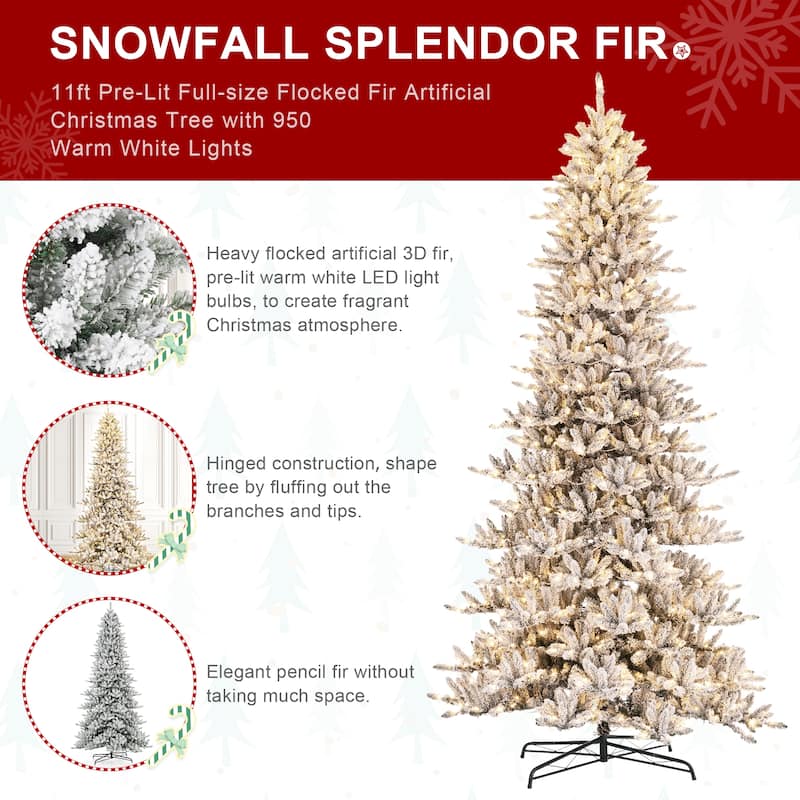 Glitzhome 6FT/7.5FT/9FT/11FT Snow Flocked Pre-lit Artificial Fir Christmas Trees
