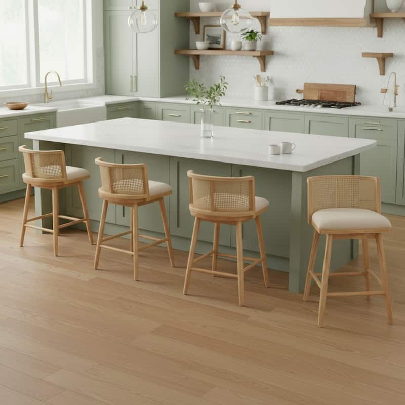 Christopher Knight Home - Talia Scandinavian Upholstered Wooden Counter Stool Set - Bar Chairs with Rattan Backrest - Set of 4 - Natural Wood Finish+Beige