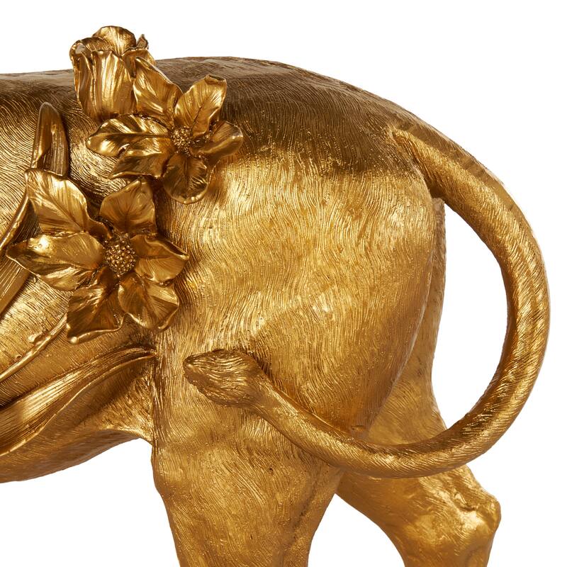 Gold Resin Walking Lion Decorative Sculpture with Floral Accents