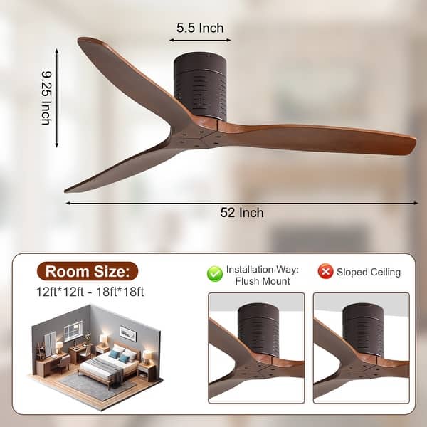 dimension image slide 27 of 29, Sofucor 42"/48"/ 52"/60"Noiseless Walnut Wood Ceiling Fan with Remote Control, Integrated Light Optional