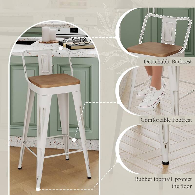 Industrial Style Bar & Counter Stools with Metal Frame Kitchen 26" and 30" Seat Height Stools with Low Back and Wooden Seat