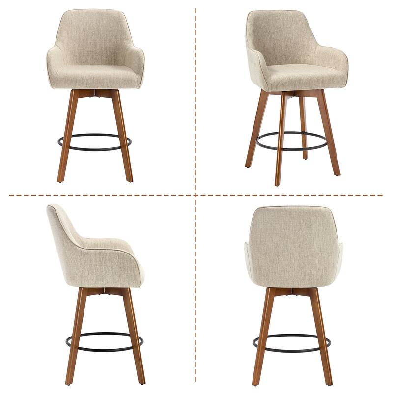 25 Inch Upholstered Swivel Counter Height Bar Stool with Armrests, Solid Wood Legs - 23.6"W x 22.4"D x 40.2"H