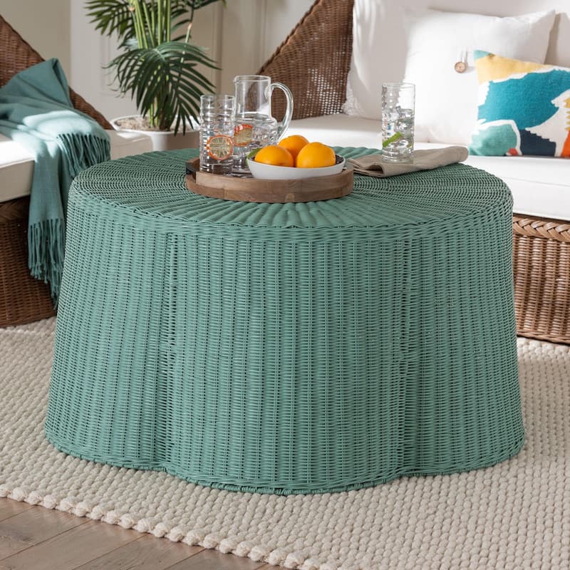 Palm Scalloped Rattan Coffee Table - Handwoven Wicker Round Accent Table for Living Room Patio or Sunroom, Coastal Style
