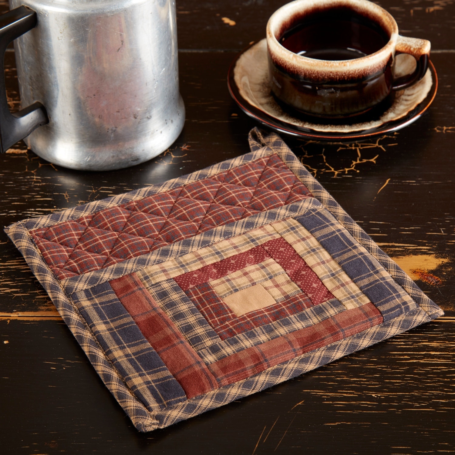 Red Rustic Tabletop Millsboro Pot Holder Loop Cotton Patchwork Pocket - 8x8