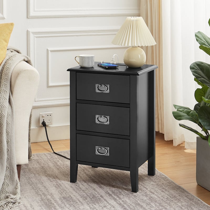 Javlergo Set of 2 Wooden Nightstand with Charging Station, Side End Table with USB Drawer and Open Storage Shelf