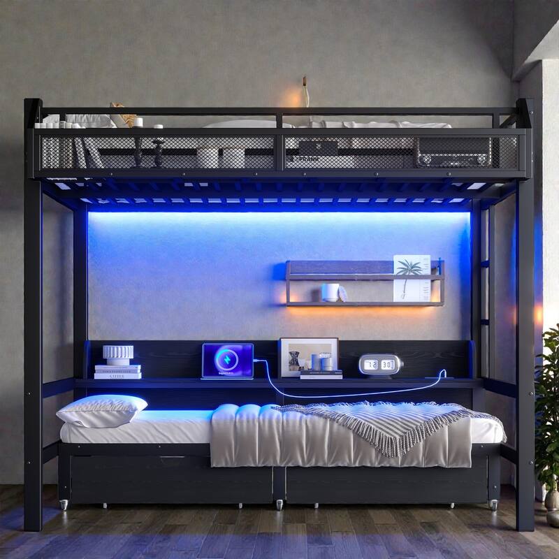 Metal Bunk Bed with Storage Shelves, Drawers, USB Ports, LED Lights & Convertible Lower Bed Sofa Design