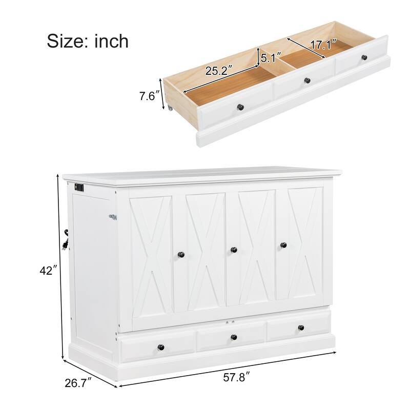 Solid Pine Murphy Bed Chest Cube Cabinet Bed with Charging Station and Large Storage Drawer for Home Office or Small Room
