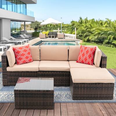 5Pcs Outdoor Garden Patio Furniture PE Rattan Wicker Sectional Cushioned Sofa Sets with 2 Pillows and Coffee Table