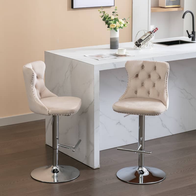 Swivel Velvet Barstools Adjusatble Seat Height from 25-33 Inch, Modern Upholstered Chrome base Bar Stools with Tufted Backs