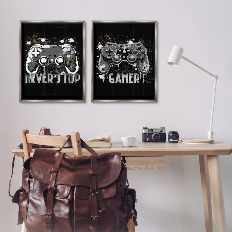 Stupell Modern Gamer Controller Phrases Framed Floater Canvas Wall Art Design By Kim Allen (Set of 2)