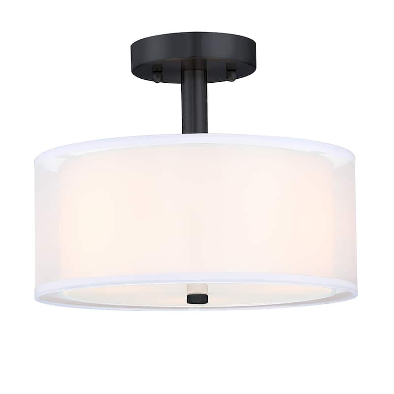 3-Light 11-in Matte Black Semi Flush Mount Light With Fabric Shade - 12-in