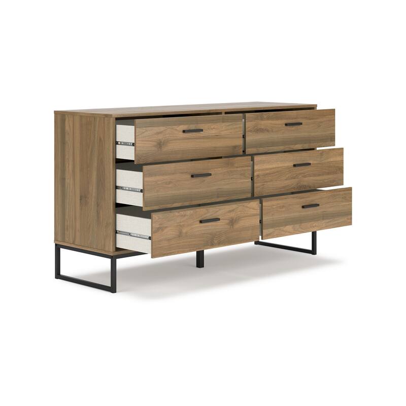 Deana Wide Dresser, 6 Drawers, Brown Wood, Black Metal Base, 59 Inch