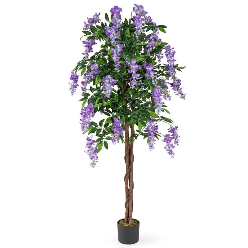 5.5FT Ficus Artificial Tree Faux Wisteria Tree in Nursery Pot - Green+Brown+Purple - 1 pcs