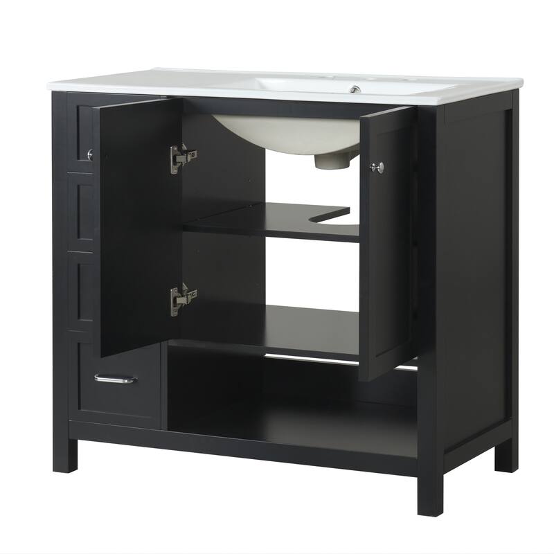 Freestanding Storage Cabinet Bathroom Vanity with Drop-In Sink, Ceramic Top, 2 Doors, 2 Drawers and Open Shelf