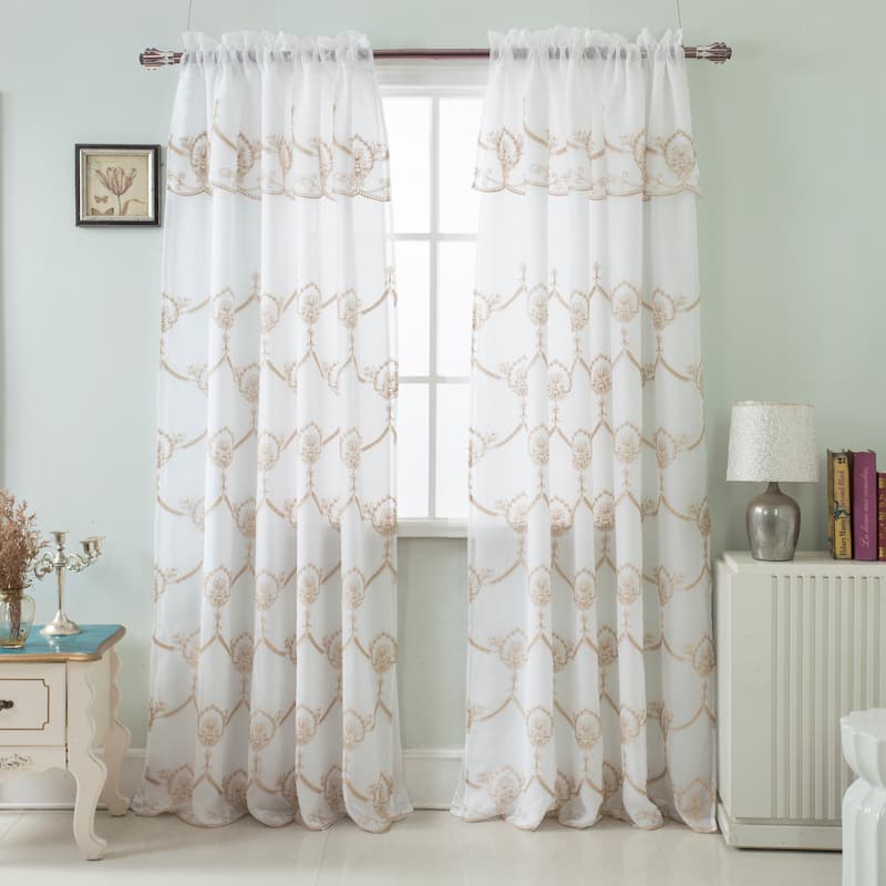 Embroidered Window Curtain Panel with Attached Valance 90" - Rochelle - Gold