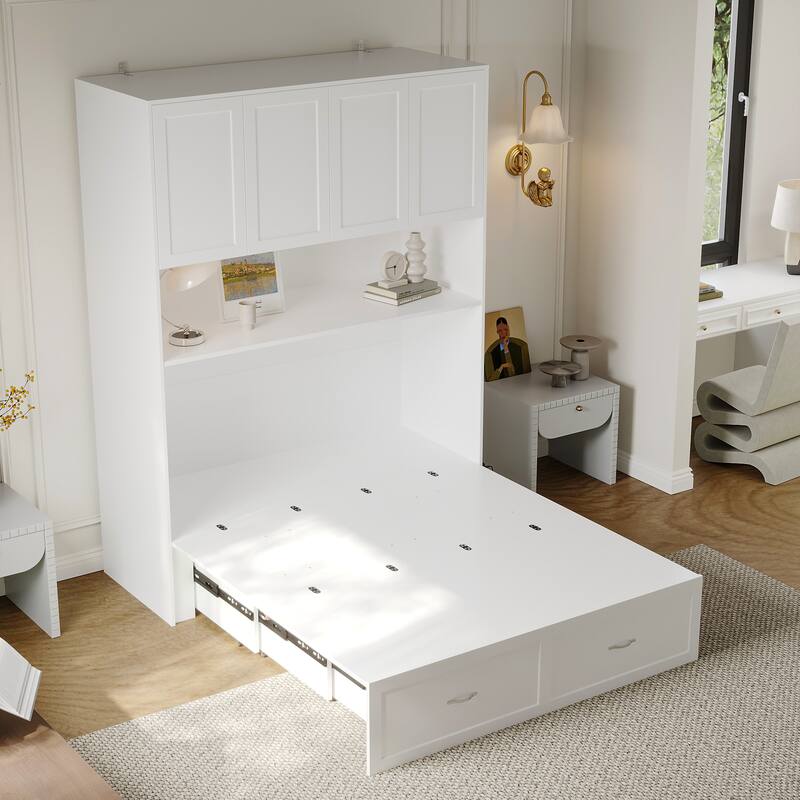 Full Size Storage Bed with Cabinet Convertible Pull Out Platform Bed with Power Outlets