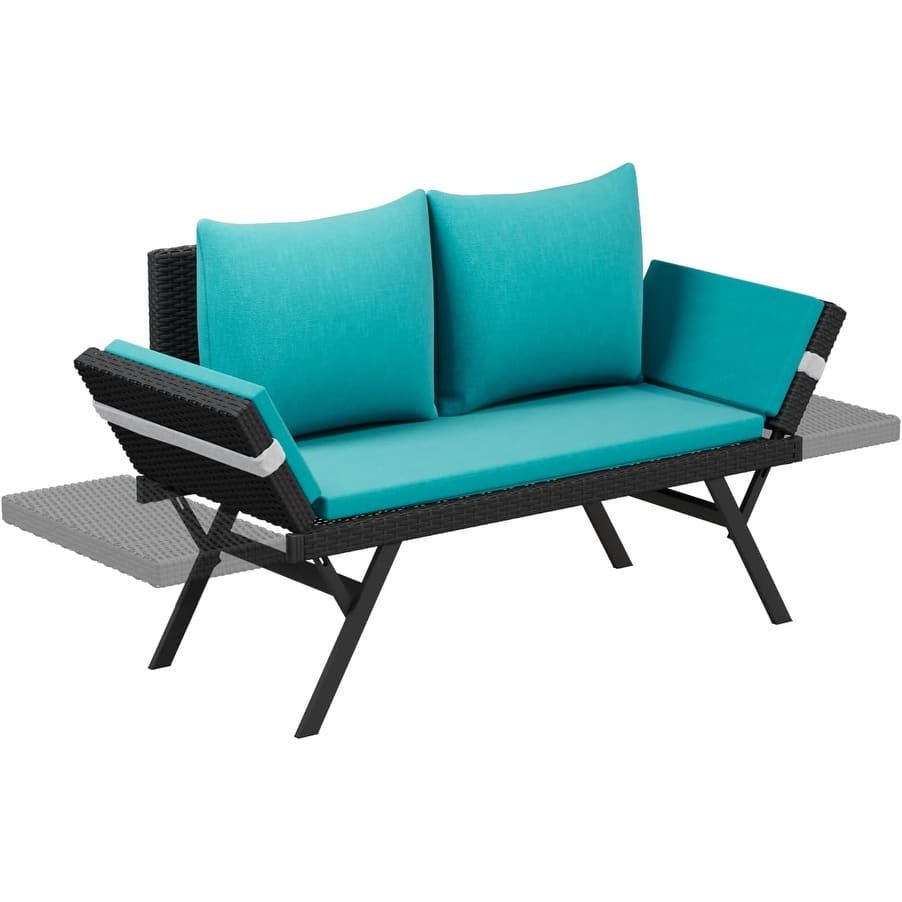 BOSSIN All-Weather Rattan Convertible Daybed - Outdoor Sofa w/ Adjustable Arms & Waterproof Cushions - Patio, Poolside, Porch