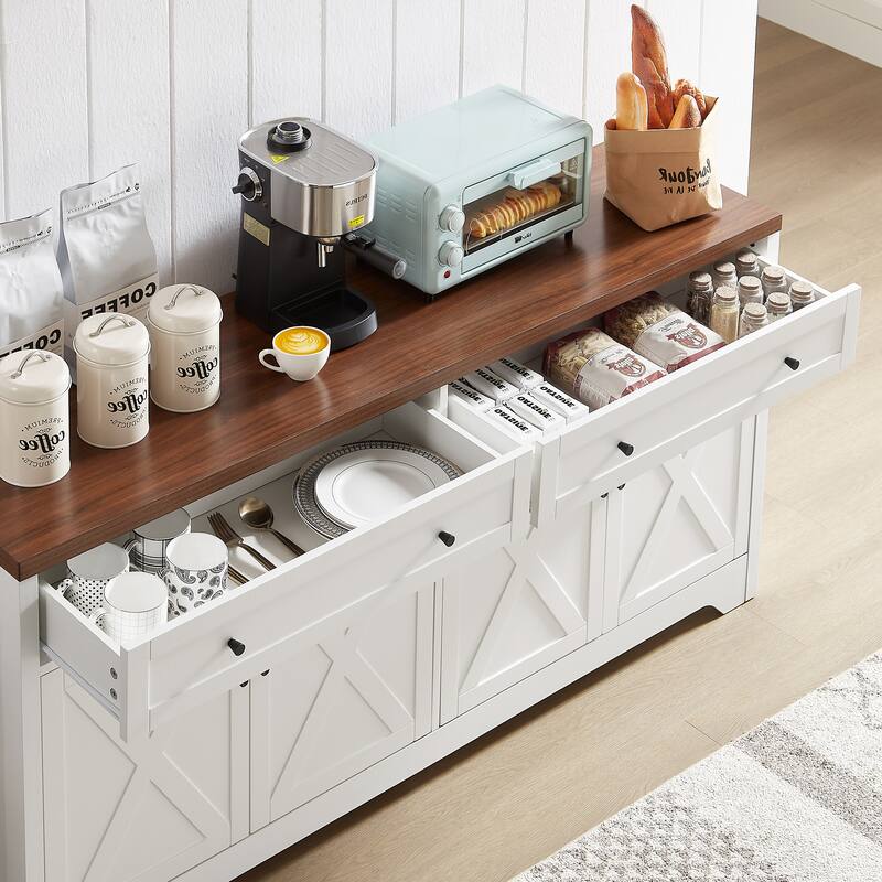 Sideboard Buffet Cabinets with 4 Door, Kitchen Storage Cabinets, Wood Coffee Bar Tables w/ Shelf, Accent Console for Living Room