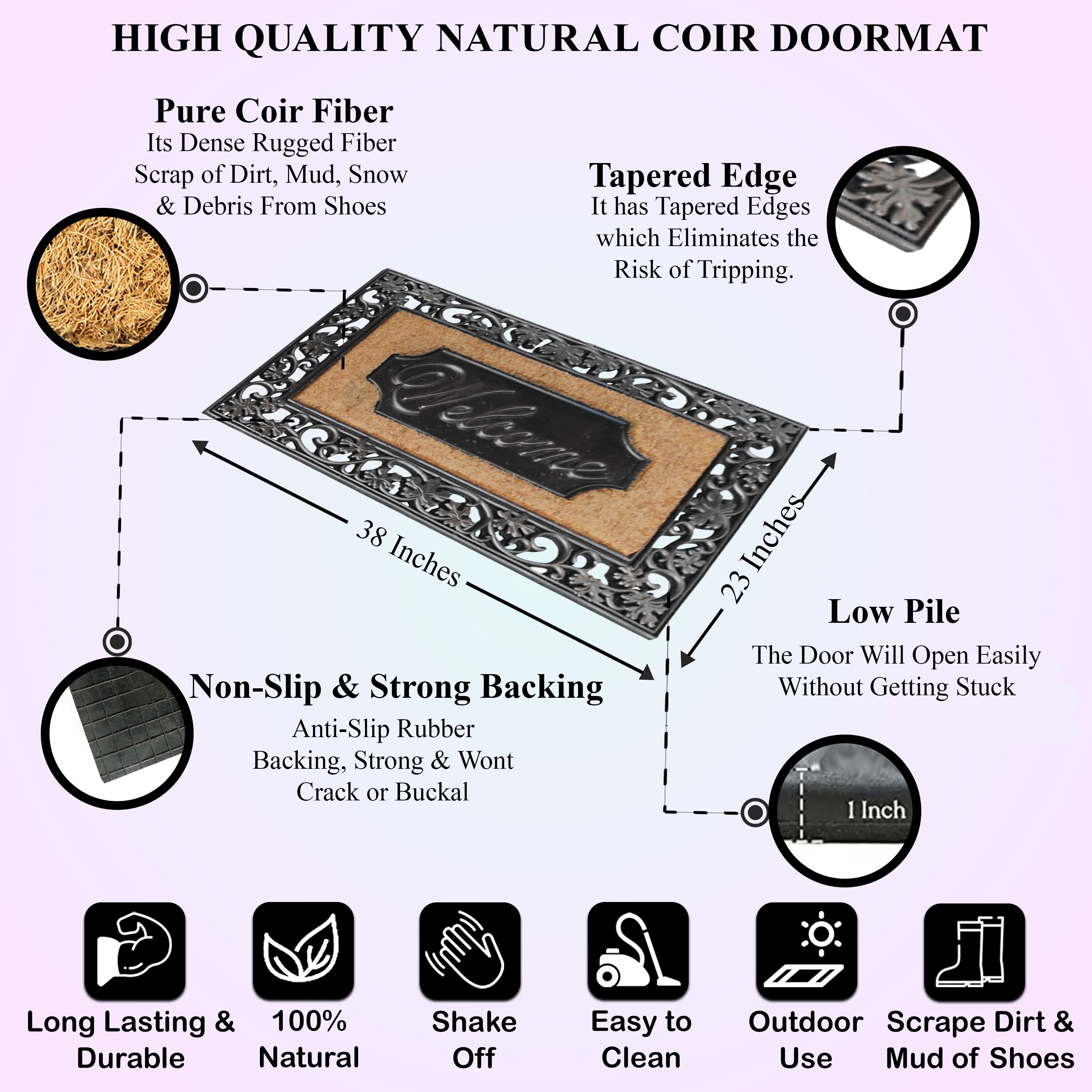 A1HC Welcome Mat Black/Beige 23 in. x 38 in. Rubber and Coir Heavy Duty,  Non-Slip Extra Large Double Door Mat