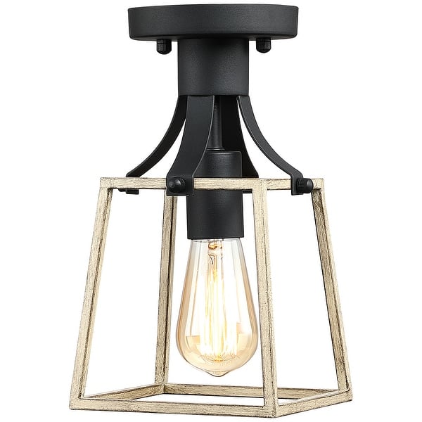 slide 3 of 12, 1-Light Black and Wood Farmhouse Open Cage Semi-Flush Mount Ceiling Light - 6.3"W 6.3"W
