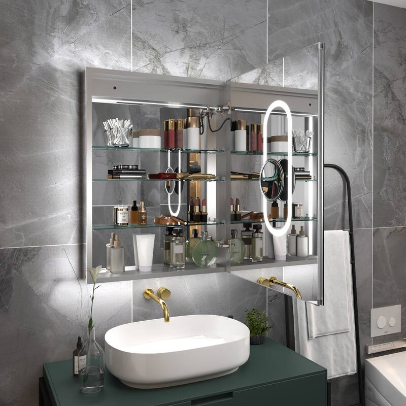 Modland Recessed Smart Mirror Cabinet 24-48x32" with Lights, Anti-Fog, Outlet & Magnifier - Adjustable Shelves