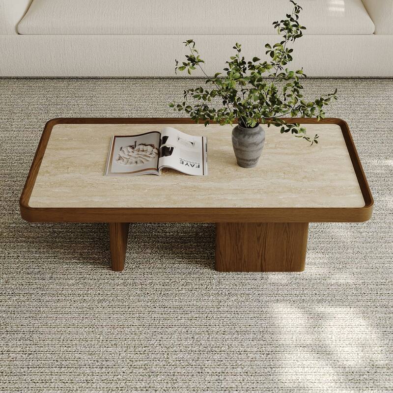 51.18" Mid Century Retangular Coffee Table, Beige Sintered Stone Table top, Solid Wood Legs