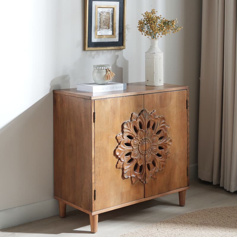 Wood Sideboard Buffet Cabinet, Hand-Carved 2-Door Accent Cabinet, Storage Cabinet with Floral Motif