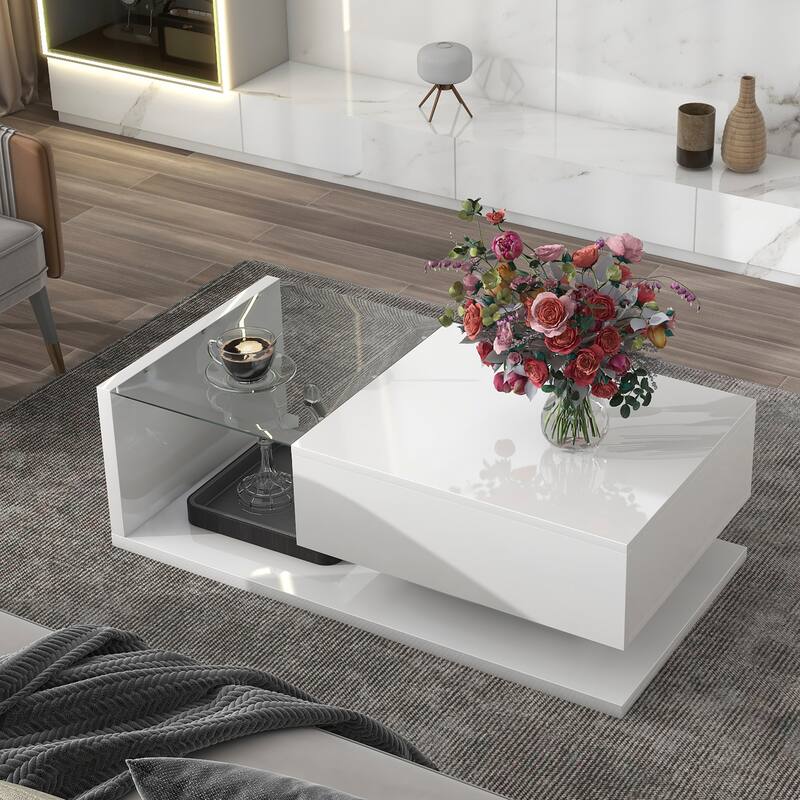 Modern Coffee Table w/ Tempered Glass Tabletop, Cocktail Table w/ High-gloss UV Surface, Modernist 2-Tier Rectangle Center Table - White