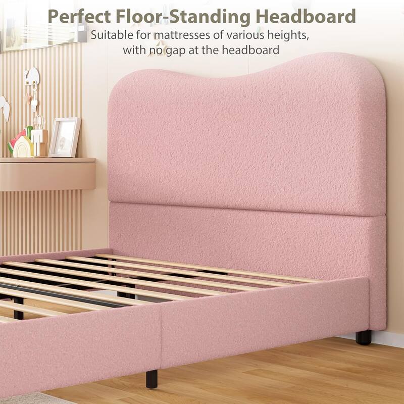 Kids Upholstered Platform Bed, Soft Boucle Fabric with Low Profile Frame & Wood Slats, Boys/Girls Bedroom
