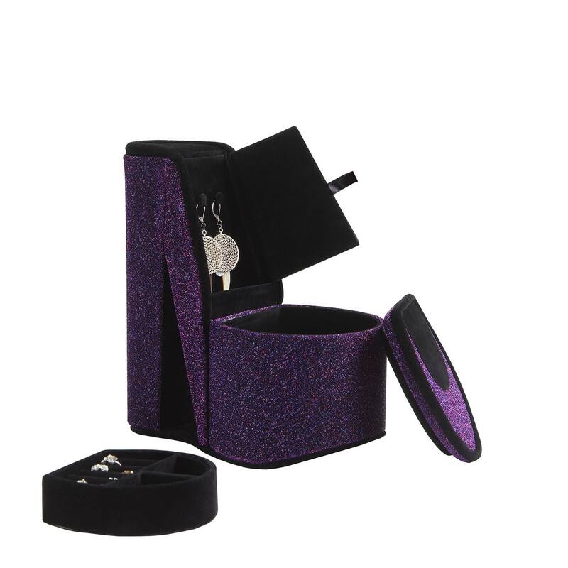 9" Tall Display Jewelry Box with Hidden Storage, High Heel Shoe Design, Purple Velvet - Purple
