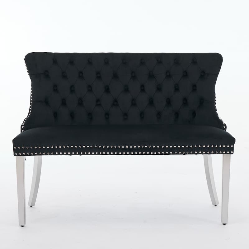 Velvet Double Dining Loveseat Bench, 2-Seat Tufted Bench w/Handmade Buttons, Wing Back, Gold-Plated Steel Legs, Single Pack