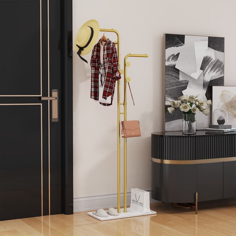 Heavy Duty Freestanding Gold Metal Coat Stand Clothes Rack Stand with 5pcs Hooks