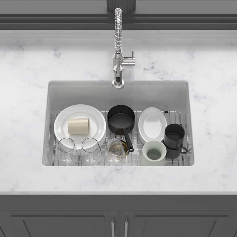 Undermount Single Bowl Fireclay Kitchen Sink - Dual Mount White Porcelain Fireclay Rectangular Deep Single Bowl Sink Basin