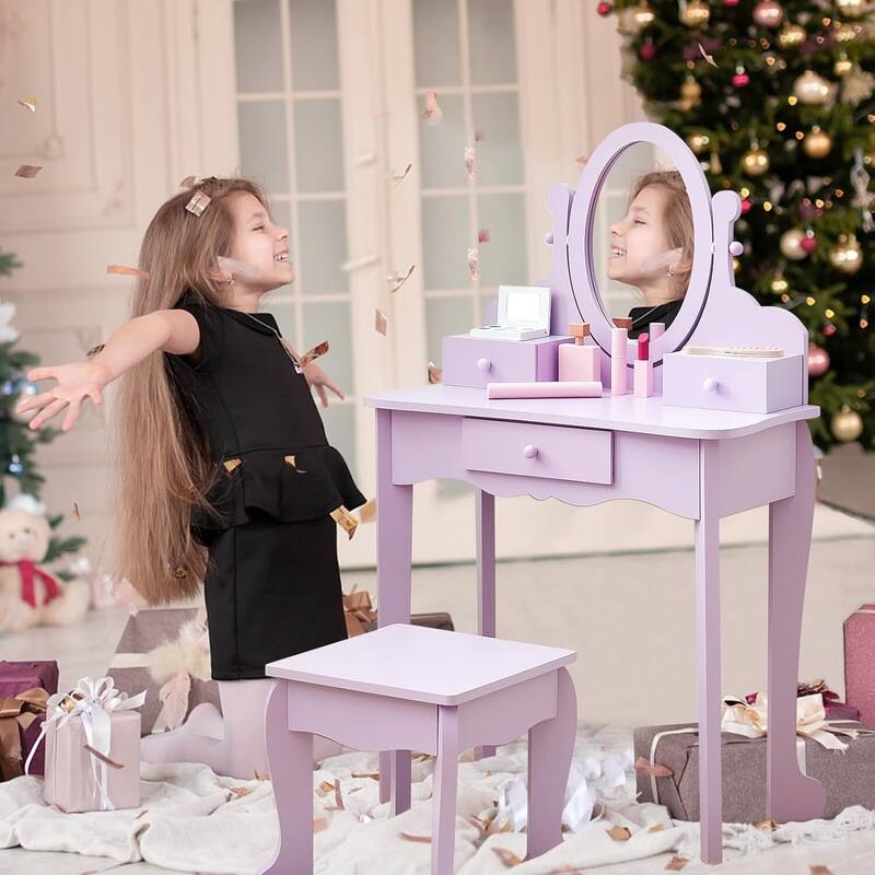 Girls Makeup Vanity Table Set with Stool, Dressup Playset