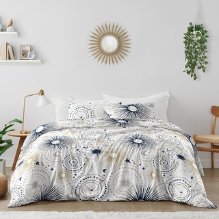 Star and Moon Collection Boy Girl 3pc Full Queen Comforter Set - Navy Blue Gold Grey Celestial Sky Stars Gender Neutral Unisex