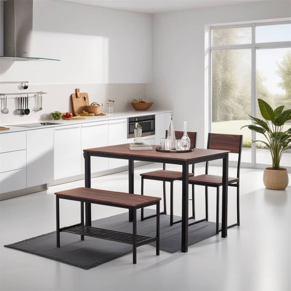 Industrial Dining Room Table Set w/Bench Wooden Kitchen Table & Chairs