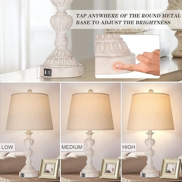 Touch Control Coastal Farmhouse Table Lamp Set of 2 3 Way Dimmable Bedside Lamp with 2 USB Charging Ports Rustic White