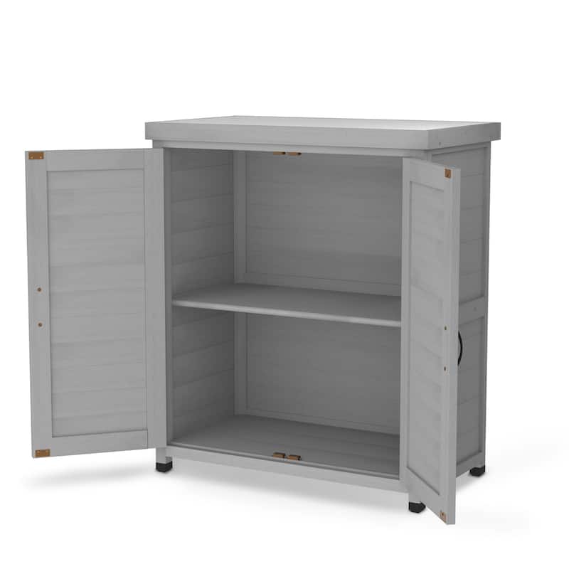 Wooden Patio Furniture with Metal-Tabletop, Potting Bench with Storage Cabinet, Outdoor Patio Storage Cabinet with Shelves