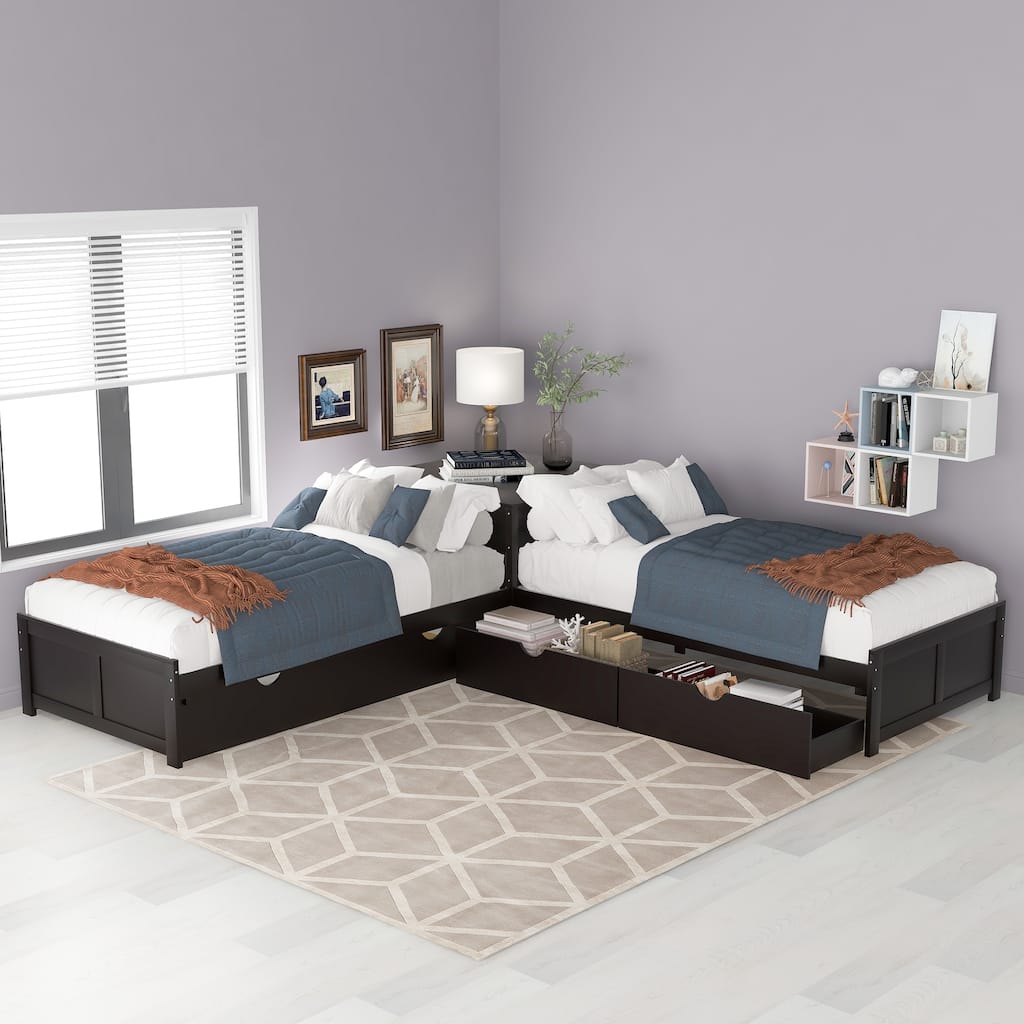 L-Shaped Twin Platform Beds with Trundle & Table, Versatile 3 Wood Corner Bedframe in 1