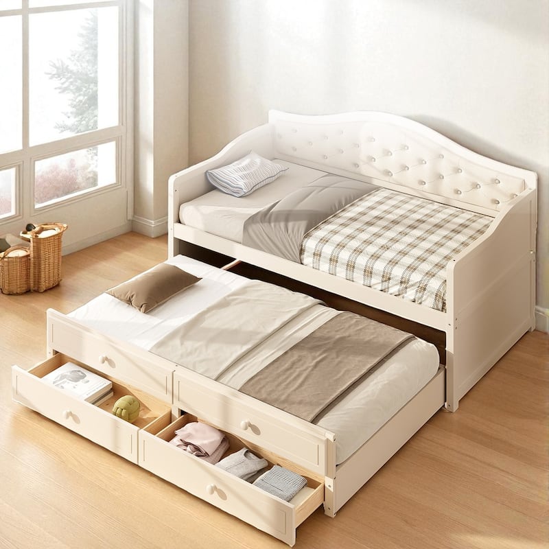 Twin Daybed with Trundle and 2 Storage Drawers, Upholstered Button Tufted Sofa Bed with Solid Wood Frame