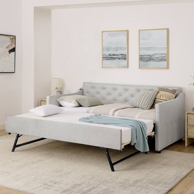 Twin Upholstered Daybed with Pop-Up Trundle & USB Charging Ports